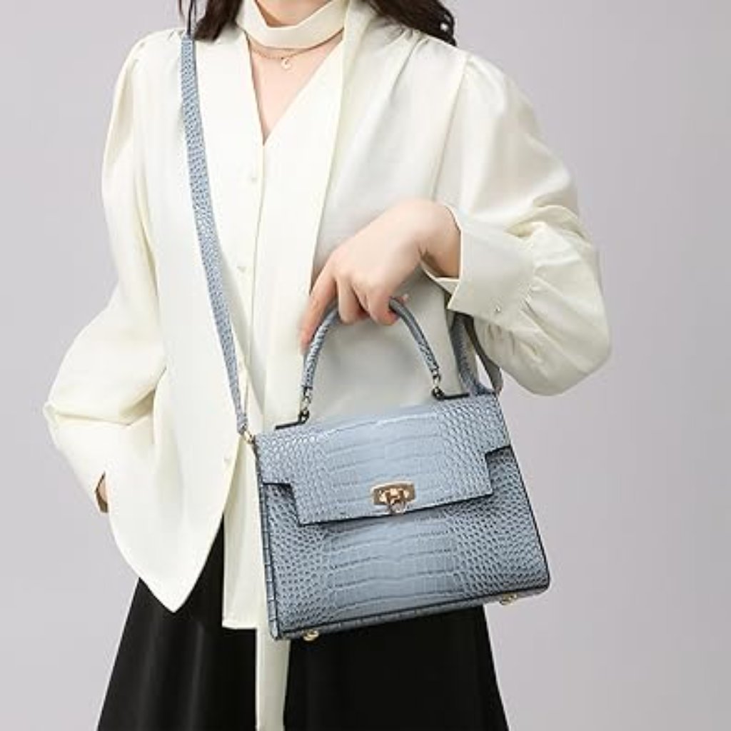 Neiman Marcus Blue Crocodile Pattern Top Handle Bag With Gold Hardware